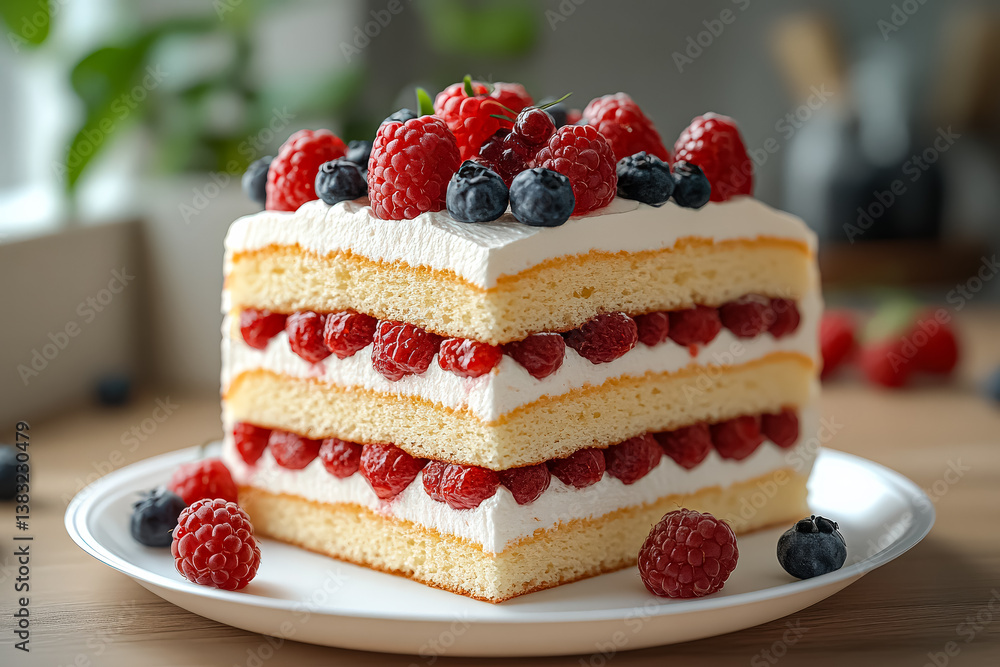 Poster slice of cake with raspberries and blueberries on top. the cake is white and has a raspberry filling