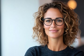 Obraz premium Confident businesswoman smiling, wearing glasses in office setting