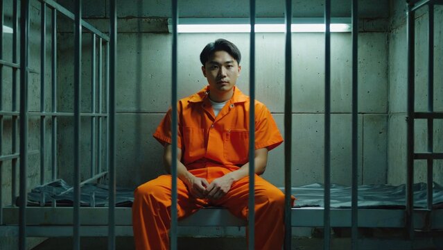 A man sits in a jail cell wearing an orange prison uniform, conveying confinement and incarceration