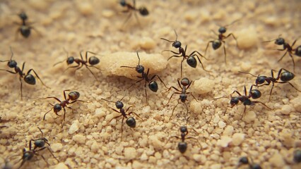 A group of black ants walking on sandy ground