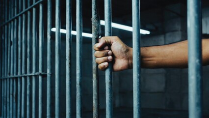 A person trapped in a jail cell with metal bars, a symbol of confinement and imprisonment