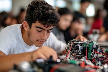 A young male student concentrates intensely on intricate robotics wiring, showcasing creativity and technical skill in a collaborative learning environment filled with peers.
