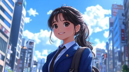 Confident Businesswoman in Blue Suit - Anime-Style Office Worker Smiling with City Skyline Backdrop, 2D Flat Illustration

