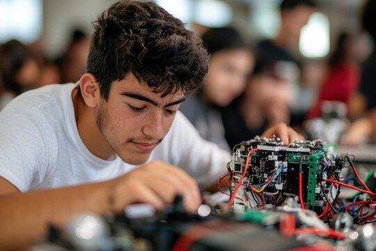 A young male student concentrates intensely on intricate robotics wiring, showcasing creativity and technical skill in a collaborative learning environment filled with peers.
