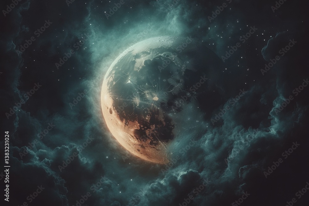 Poster ethereal moonscape with cosmic clouds and stardust creating a serene and celestial atmosphere in spa