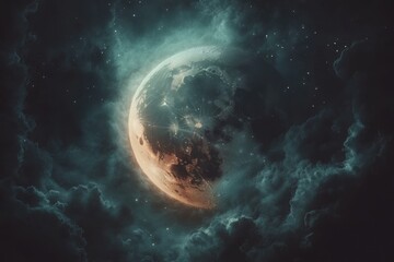 Obraz premium Ethereal moonscape with cosmic clouds and stardust creating a serene and celestial atmosphere in space