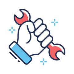 Modern outline style icon depicting hand holding spanner