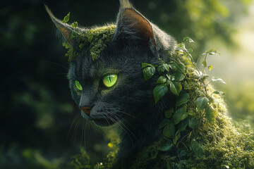 Generative AI fantasy image of glowing green-eyed wild cat covered in moss and plants blending into the mysterious magical forest