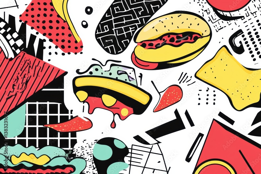 Aufkleber memphis style pop-art background featuring colorful abstract food shapes and geometric elements in a