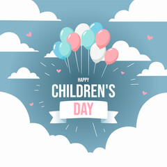 Poster design with cloud background and several balloons. Pro Illustration