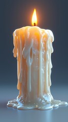 Dripping wax candle with flame, illuminated candlelight in dark background