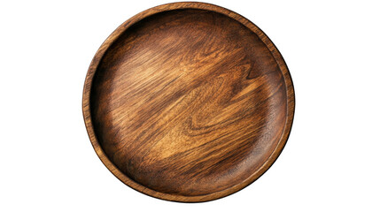 A top down view of a round wooden bowl with visible wood grain on a black background surface showing