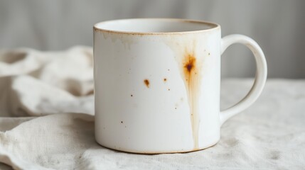 Fototapeta premium Distressed white ceramic mug with rust stains on fabric background