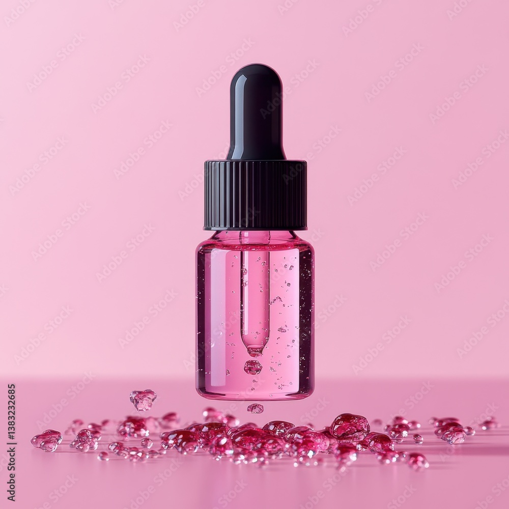 Poster elegant pink serum bottle with dropper and scattered drops on a smooth surface in a studio setting f