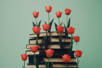 Red flowers emerge from a stack of old hardcover books