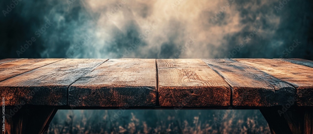 Aufkleber rustic wood tabletop against a moody sky backdrop creates a versatile stage for product display and 