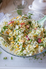Chinese cabbage salad with bell peppers and vegetables in a bowl fresh and homemade prepared, Delicious barbecue salad