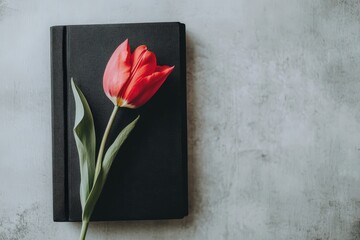 A beautiful red tulip rests on a black book open
