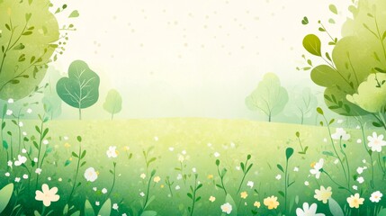 Cartoon spring meadow with flowers and trees
