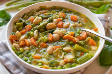 Spring vegetable soup with white beans on a plate fresh and homemade cooked
