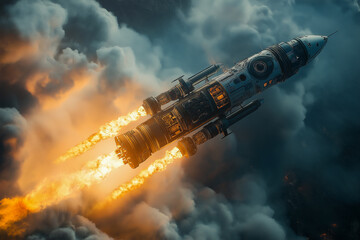 Obraz premium Spaceship blasting through clouds with fiery engines. Adventure to the unknown awaits. Imagination takes flight with sci-fi technology!