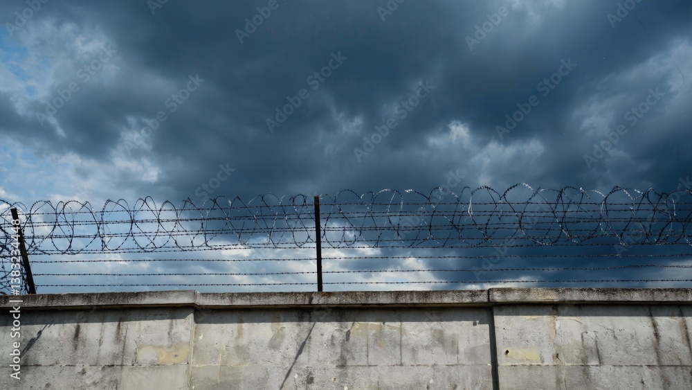 Poster a close-up view of a concrete wall with a barbed wire fence, suitable for use in architectural or in