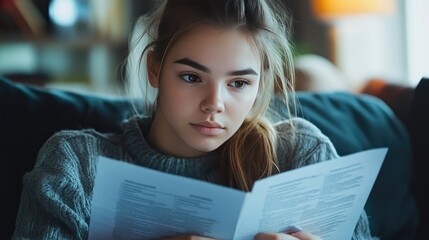 Positive young woman reading bank legal documents, reviewing loan or insurance agreements and financial reports while resting on a home couch, doing paperwork
