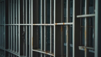 Obraz premium A prison cell with metal bars and a locked door
