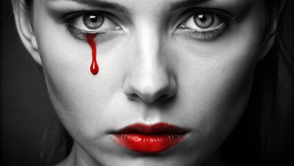 A black-and-white portrait with a single red drop of blood