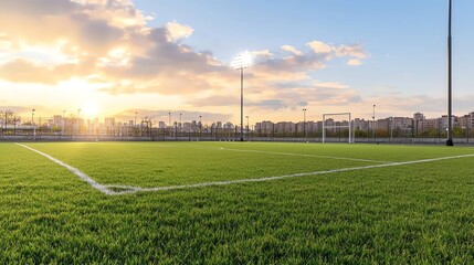 Football field, green grass under bright sunlight, on a rooftop field, with worn goal nets, soft golden hour
