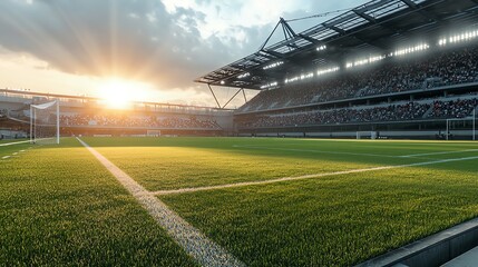 Football field, morning dew on the field, in a dome stadium, with benches and water bottles, soft golden hour