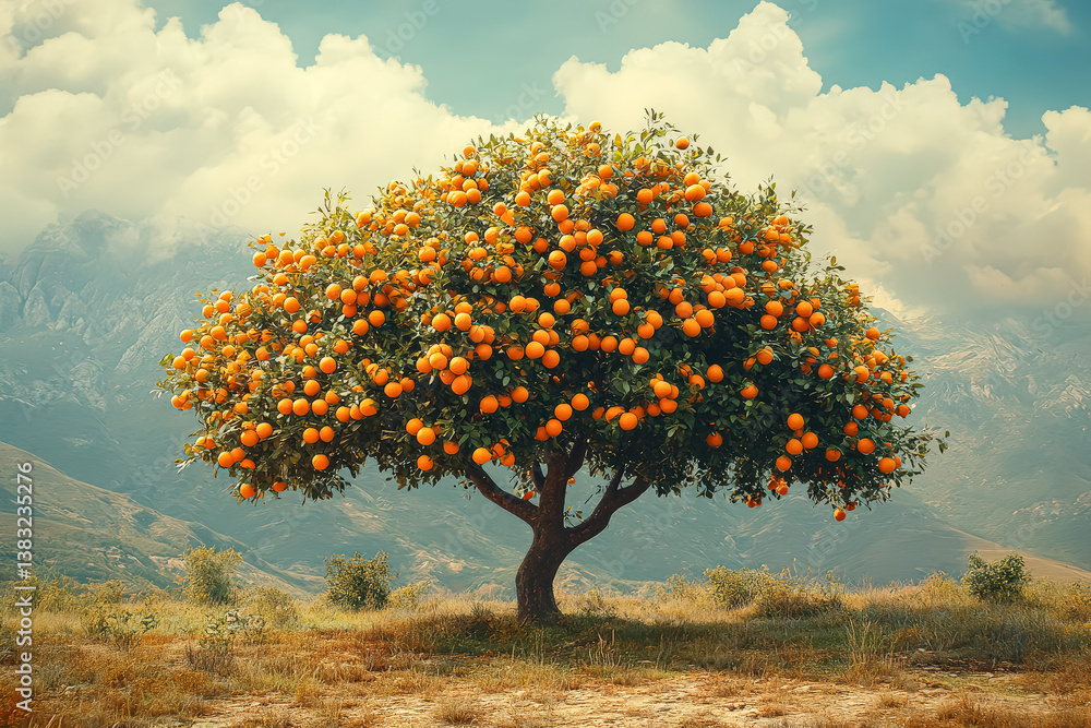 Poster large orange tree with many oranges on it. the tree is in a field with mountains in the background