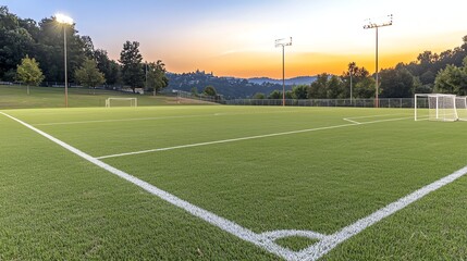 Football field, perfectly manicured pitch, on a school field, with worn goal nets, twilight with glowing skyline
