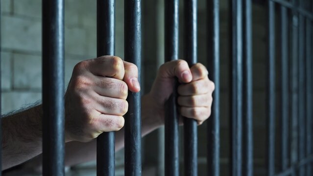 A person's hand is grasping the bars of a jail cell, conveying confinement and imprisonment