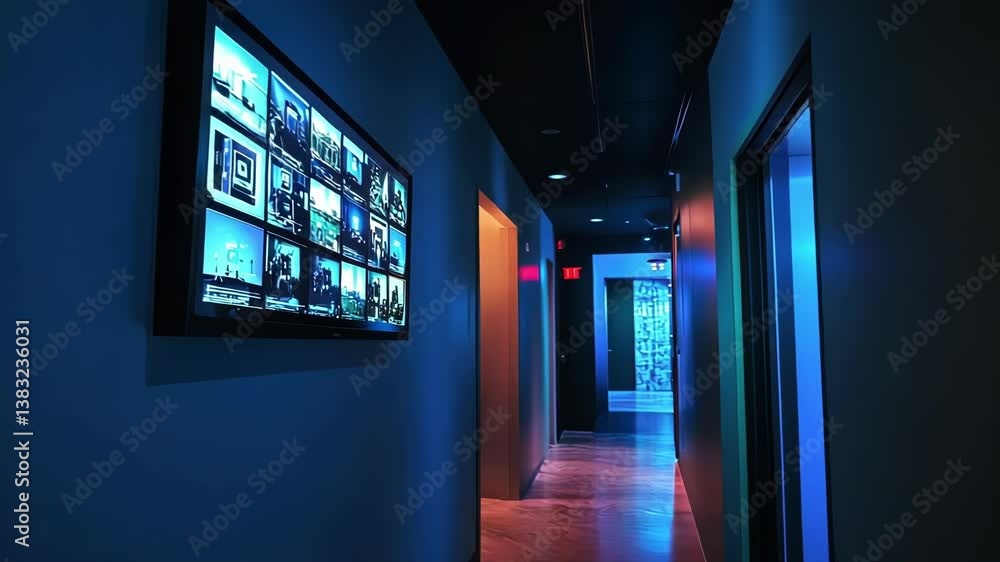 Aufkleber multiple screens displaying various data and information are mounted on the wall of a dark hallway i