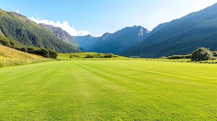 Football field, perfectly manicured pitch, at a mountain-side pitch, with goalpost in view, early morning mist