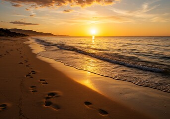 Golden sunset footprints on a tranquil beach, a peaceful end-of-day stroll with warm ocean waves and soft light.