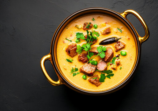 p: a top-down shot of a golden cooking pot filled with a creamy yellow dish containing chunks of mea