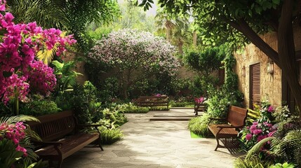 Fototapeta premium Tranquil Garden Pathway, Sunny Courtyard