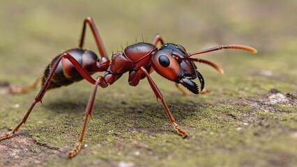 A detailed view of an ant standing on a rocky surface, highlighting its tiny features