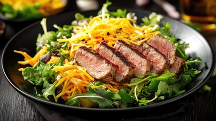 A gourmet salad with mixed greens, shredded cheese, and sliced grilled meat.