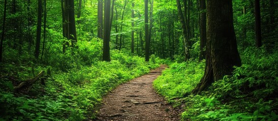 Fototapeta premium A scenic path through a verdant forest with many tall trees