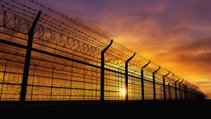 Fototapeta premium A serene sunset scene behind a rusty old fence with barbed wire