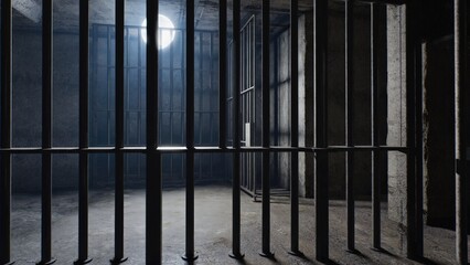 A jail cell with bars in a dark room