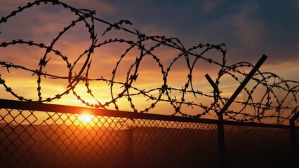 A barbed wire fence at sunset, perfect for background or landscape use