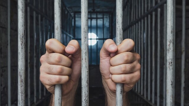 Hands of a prisoner trapped behind metal bars in a jail cell