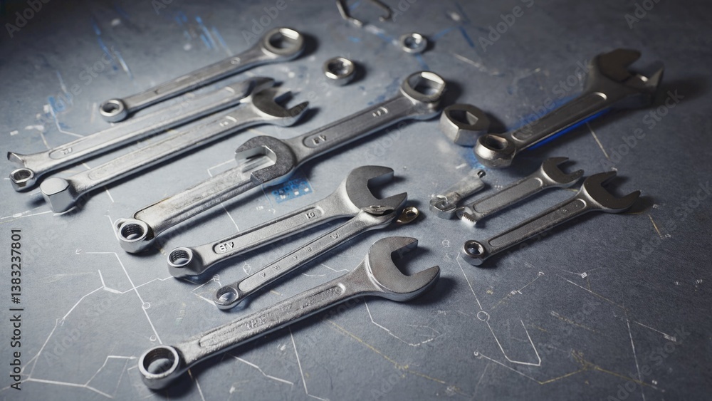 Poster a collection of wrenches arranged neatly on a table surface, ideal for use as a prop or background e