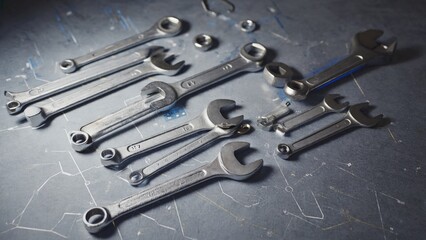 Fototapeta premium A collection of wrenches arranged neatly on a table surface, ideal for use as a prop or background element in various photography projects