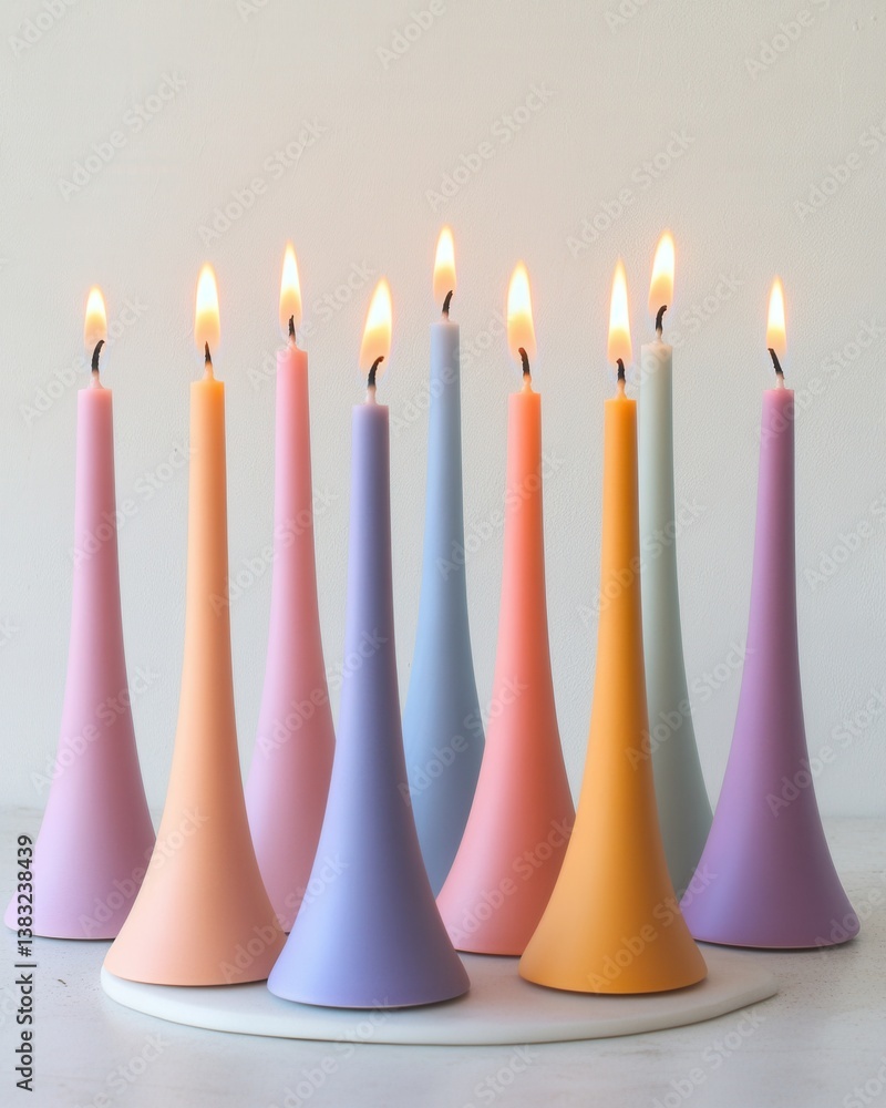 Poster pastel colored candles in a row on a white marble surface creating a warm and inviting atmosphere fo