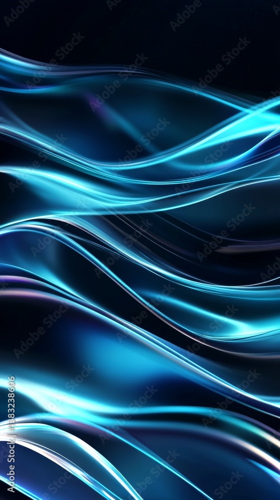 Poster futuristic cgi animation with vibrant blue waves on a dark background showcasing tech elements